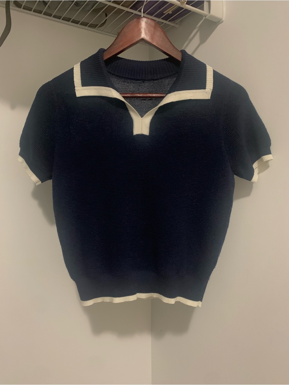 Navy Short-Sleeve Knit Sweater with Contrast Trim